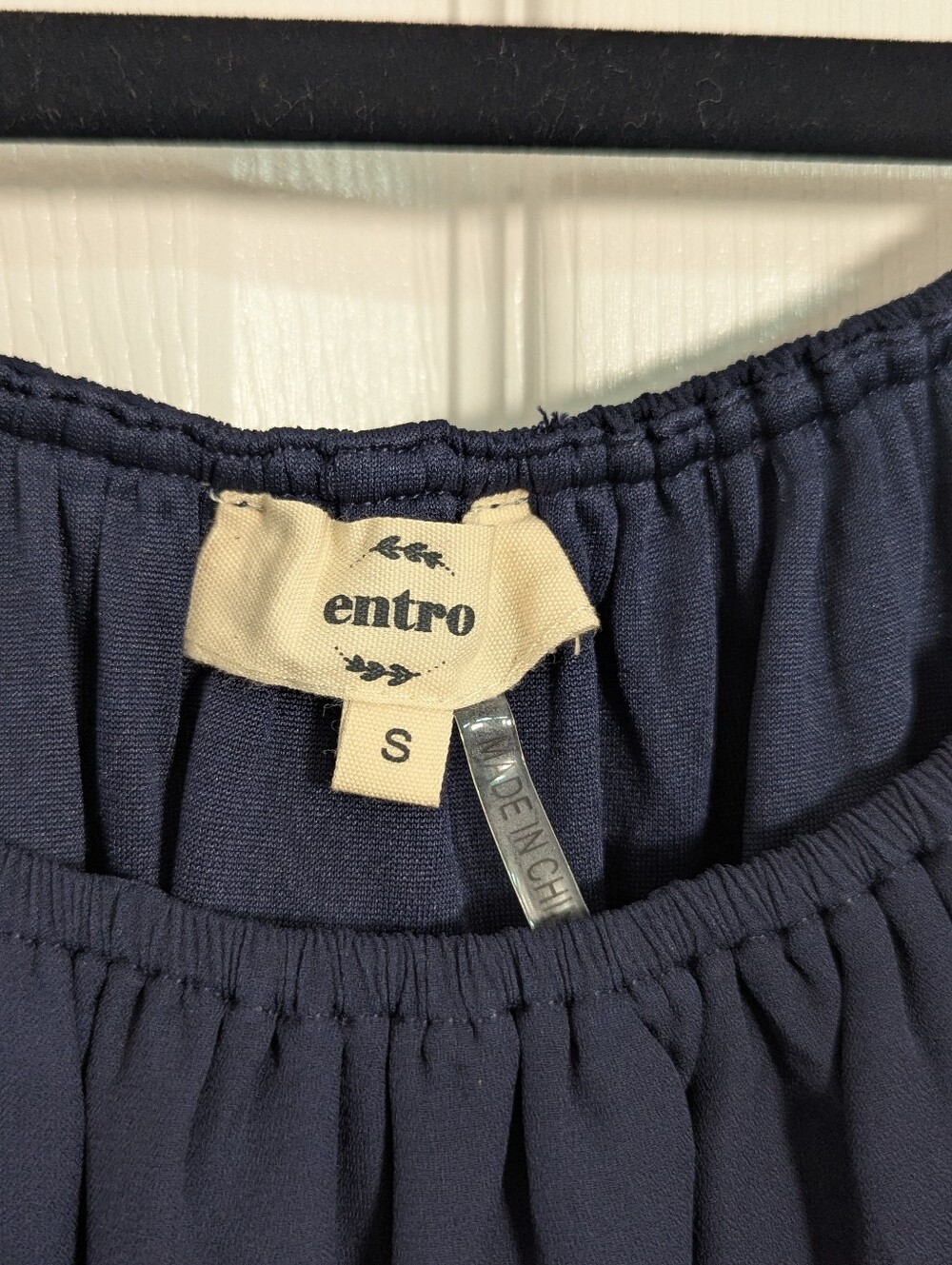 Entro Navy Blue Off Shoulder Ruffle Ric Rac Trim Shift Dress Small - Picture 2 of 7